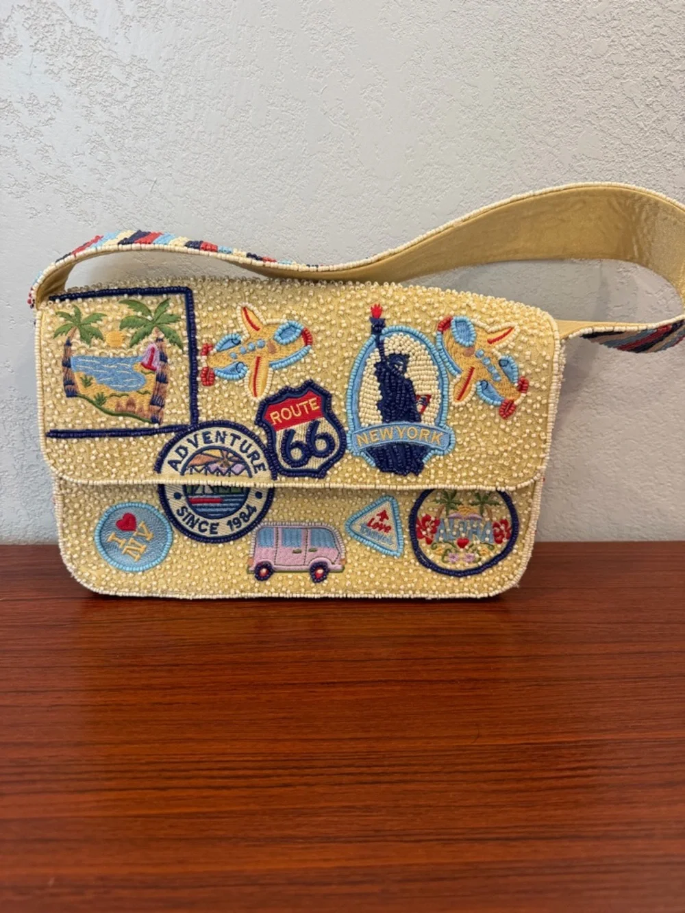 Beaded Patchwork Crossbody Bag in Cream with Travel Embroidery - Picture 1 of 3